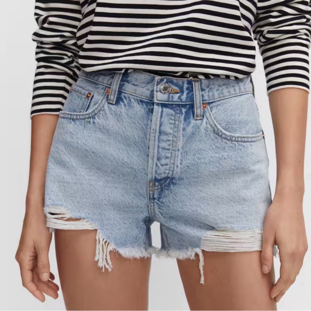 MANGO | Women's Blue Distressed Hailey Frayed Mid rise Denim Shorts - Size 1